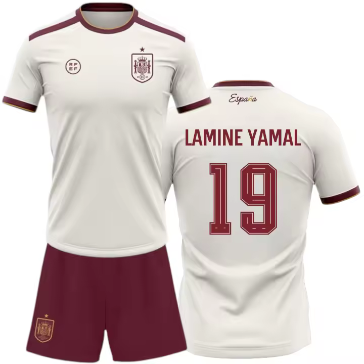 Kit España Mundial 2026-2028 | Réplica Camiseta y pantalón | Lamine Yamal 19 | Color Blanco y Granate | Conjunto fútbol para Adulto y niño - 1