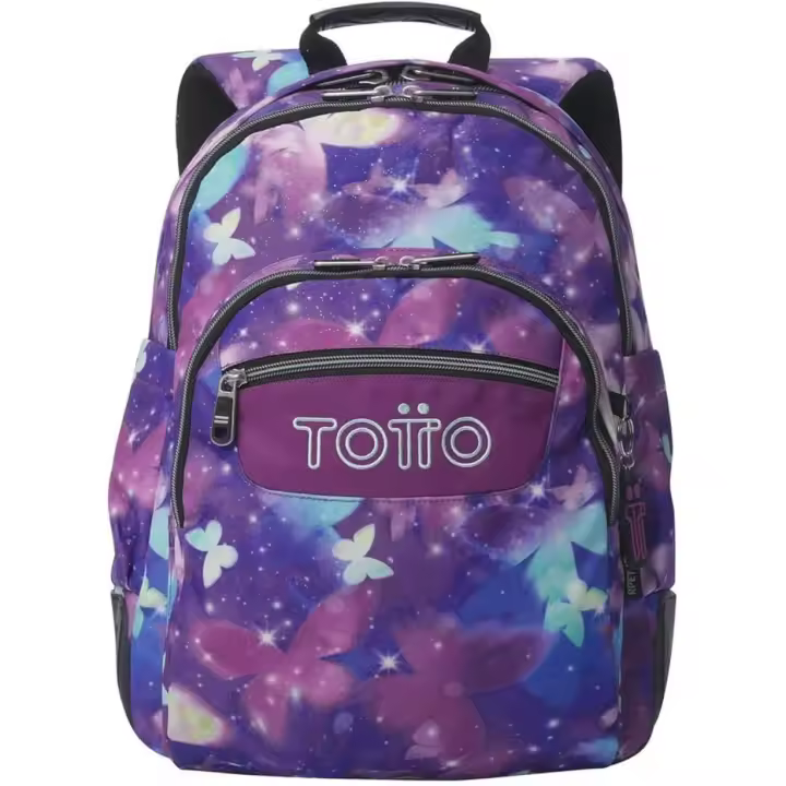 TOTTO Mochila Escolar Grande Rayol – Estampado Star Butterfly Glitter | 3 Compartimentos | Capacidad 19L | Porta PC 14” | Bolsillos Botella | Espaldar Ergonómico | Correas en S | Material Reciclado - 1