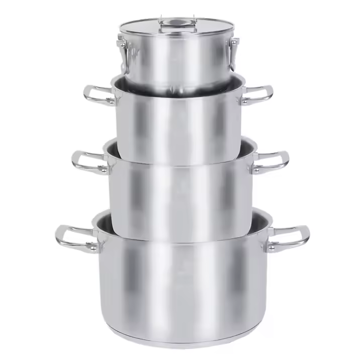 Juego de Cacerolas Inox Spazio Anidables con Tapa | Cacerolas de Acero Inoxidable 16, 20, 24 y 28 cm | Asas Plegables y Tapa Plana | Fondo Difusor de Aluminio para Todo Tipo de Cocinas, Incluida Inducción | Interior Satinado con Escala de Capacidad - 1