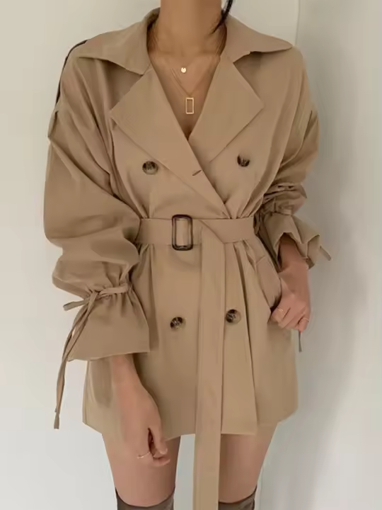 REALEFT Nueva Trencha De Mujer Marrón Gris Minimalista Otoño Invierno Con Cinturones Cuello En V Doble Botón Manga Flared Abierta Por Encima - 1