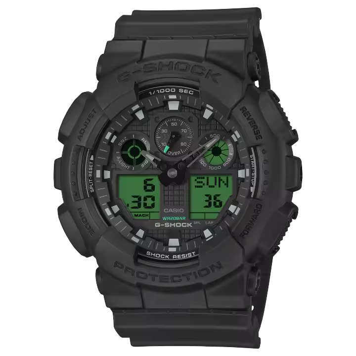 Casio - Reloj G-SHOCK GA-100BEG-1AER digital analógico con correa y caja de resina negra, pantalla LCD verde eléctrico, resistente a golpes y 20 BAR - 1