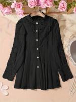Camisa De Mujer Talla Grande Con Mangas Encaje Y Lanternas Mangas Pleated Sólido Cierre Individual Suave Estiramiento Estilo Clásico Para Todas Las Estaciones - details 3