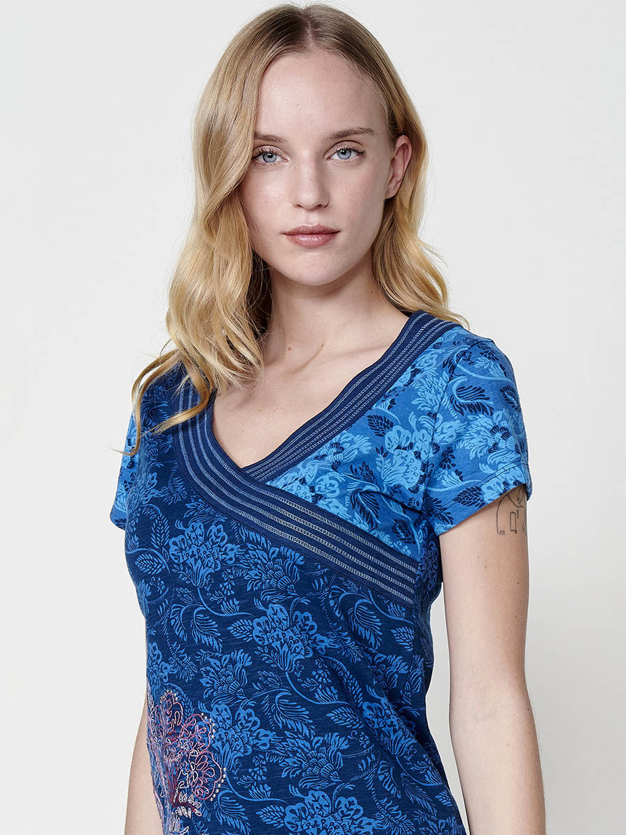 Koroshi Camiseta manga corta cuello pico cruzado para mujer