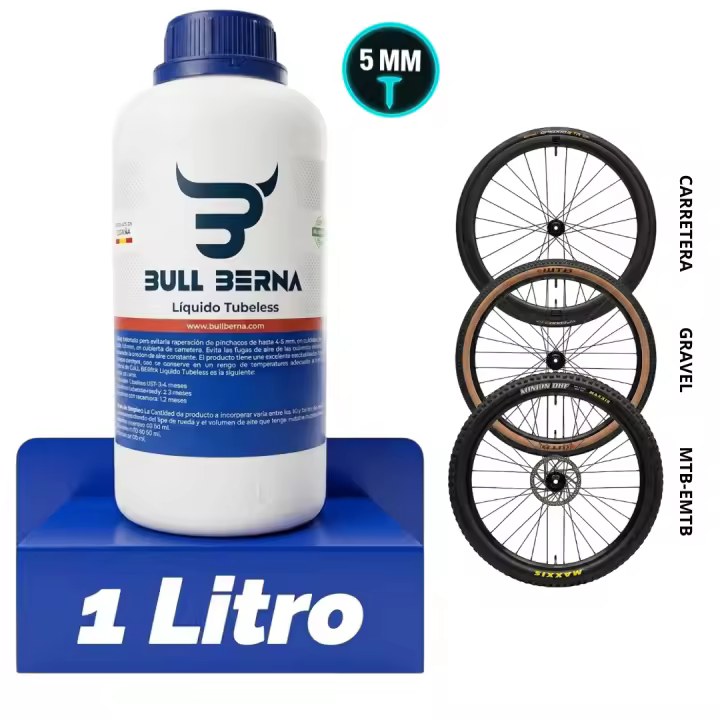 Líquido Tubeless BULL BERNA 1 LT Sin Amoniaco - Ciclismo - Sellante Antipinchazos para Neumáticos - 1