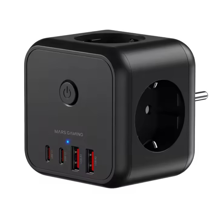 Mars Gaming MD-CUBE20, PowerCube Multifunción Compacto, 3 Enchufes SCHUKO + 2 USB-C + 2 USB-A, Carga Rápida PD 20W, Tecnología GaN, Botón ON/OFF con LED, 9 Protecciones, Enchufe Europeo Tipo F, Negro o Blanco - 1