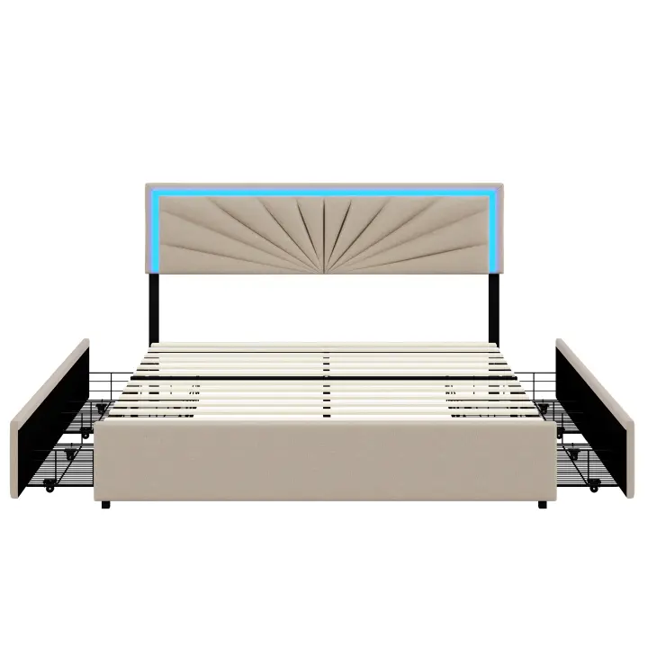 Cama doble 140x200/160x200 cm tapizada con 4 cajones, LED y somier de láminas, lino beige - 1