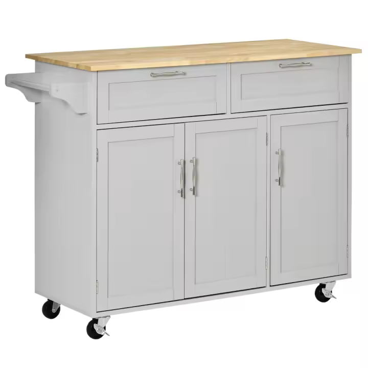 HOMCOM Isla de Cocina Carro de Cocina con Ruedas Carrito de Servicio Multiusos con 2 Cajones 3 Puertas Estantes Ajustables y Barra Colgante para Comedor 121x46x91 cm - 1