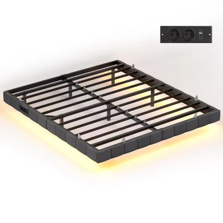 VASAGLE Marco de Cama Flotante, 160 x 200 cm, Bordes Acolchados, LED, 2 Tomas de Corriente, 1 Puerto USB-A, 1 Puerto USB-C, 1 Puerto USB-A Posterior, Carga de 500 kg, Gris Pizarra - 1