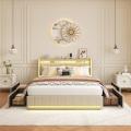 Cama de Matrimonio Tapizada 140x200 / 160x200 / 180x200 cm con LED y USB, Somier de Láminas y 4 Cajones, Gris o Beige - details 0