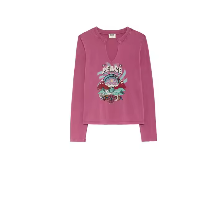 FIVE - Camiseta de Manga Larga Boho para Mujer - Camiseta Ciruela con Diseño "PEACE" - 100% Algodón - Estilo Relajado y Retro - 1