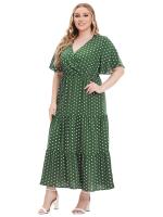 Vestido Bohemio Casual De Polka Dot Para Mujer plus Talla Con Vuelta Corta Y Cuello En V Traje De Verano De Polyester - details 3