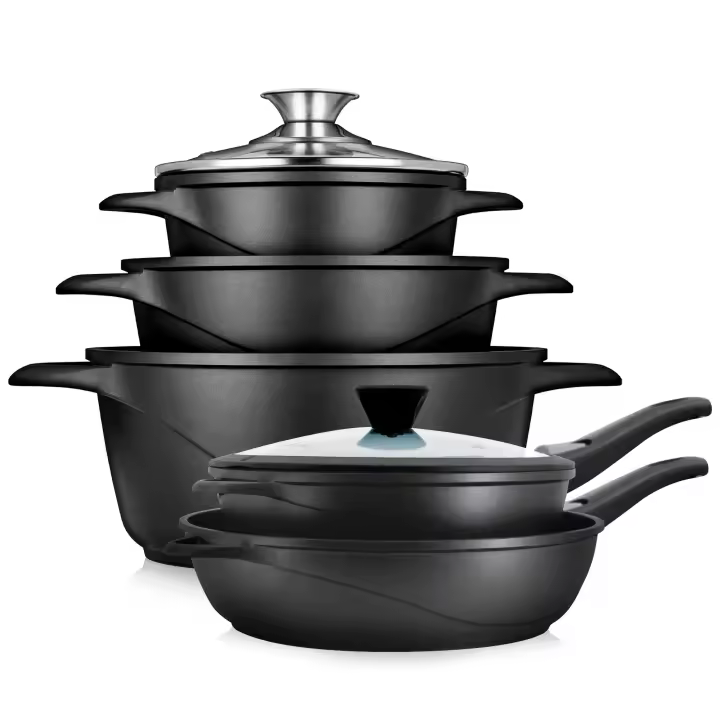 Briebe MGK1819 Batería de Cocina Inducción 10 Piezas Aluminio Fundido 3 Ollas 2 Sartenes Antiadherente Tapas, , Negro - 1