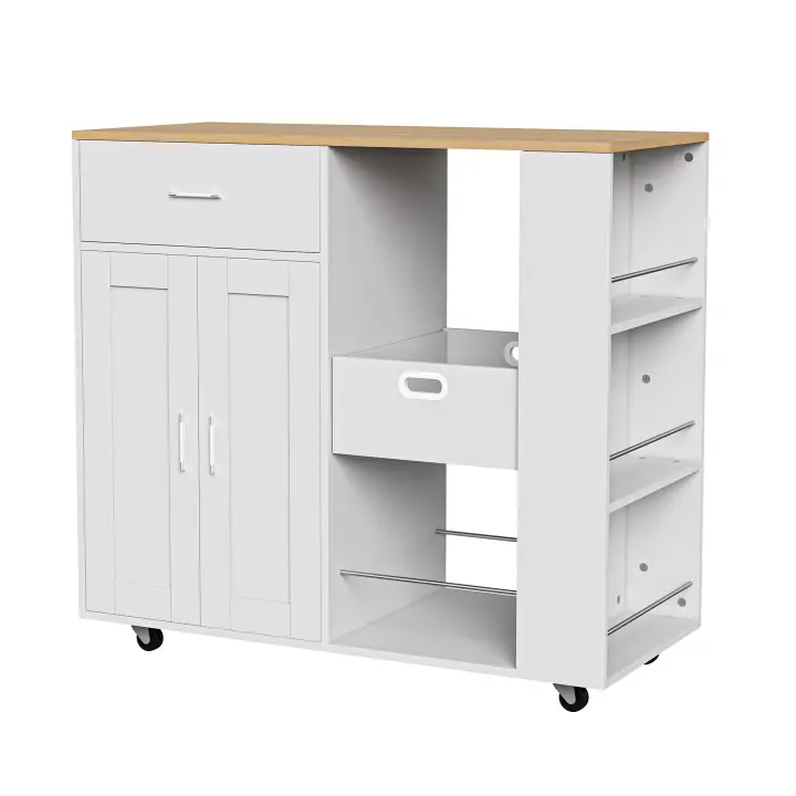 Carrito de isla de cocina Superaly blanco con ruedas con estante y cajones, encimera de cocina, isla de cocina independiente, mesa rodante, para sala de estar, muebles de comedor - 1