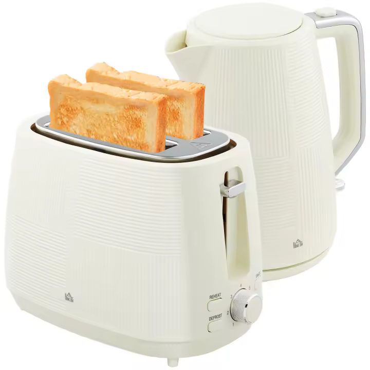 HOMCOM Juego de Tostador y Hervidor 2200W Hervidor de Agua Eléctrico de Acero Inoxidable 1,7L Tostadora Pan Ranura Ancha para 2 Rebanadas 3 Funciones Crema - 1