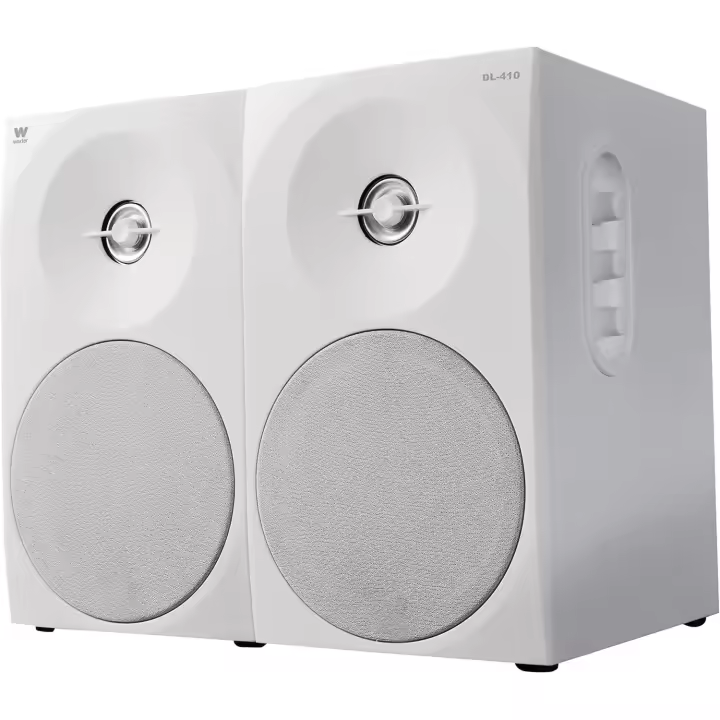 Woxter Dynamic Line 410 – Altavoces Estéreo 2.0 Autoamplificados con 150W, Ideal para PC Estudio, DJ Madera, Woofer de 4 pulgadas, 2 Tweeter, 3.5 mm, RCA, Control Volumen, Agudos, Graves - Colores: Negro o Blanco - 1