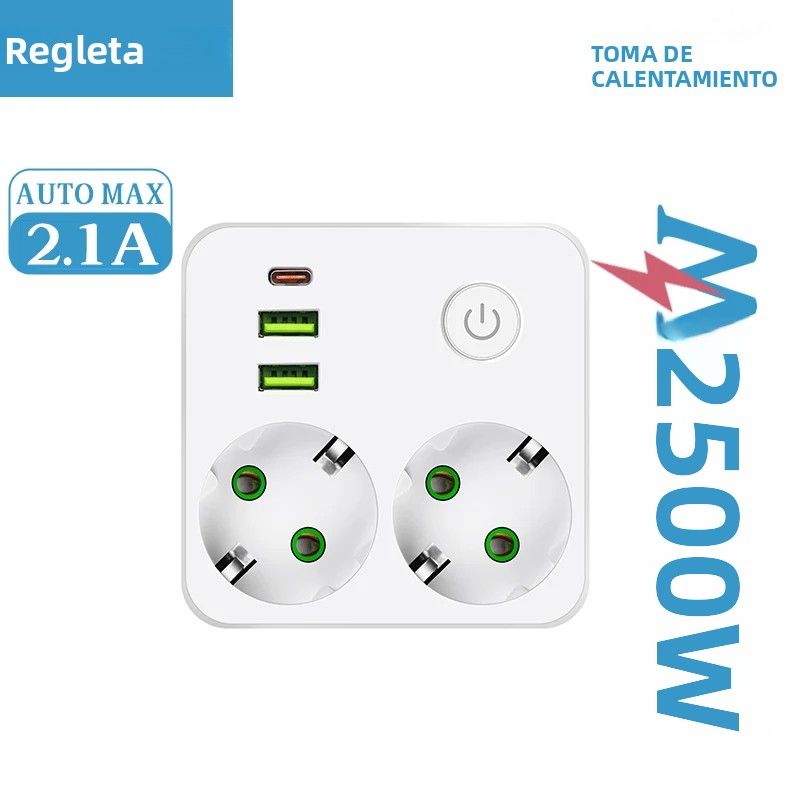 Enchufe De Pared Multifuncional Con 2 Tomacorrientes Y 2 USB + 1 Tipo C Enchufe Europeo Sin Cable De Extensión 2500W Máx