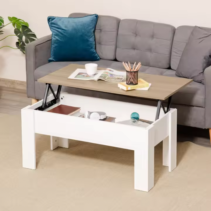HOMCOM Mesa de Centro Elevable Mesa de Café con Encimera Elevable Espacio Oculto de Almacenaje 100x50x45-58,5 cm Blanco y Natural - 1