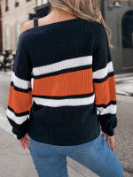 Suéter De Manga Larga Casual De Otoño E Invierno Para Mujer Con Rayas Y Color Contraste Hombros Descubiertos Cierre De Metal Ajustable - details 1