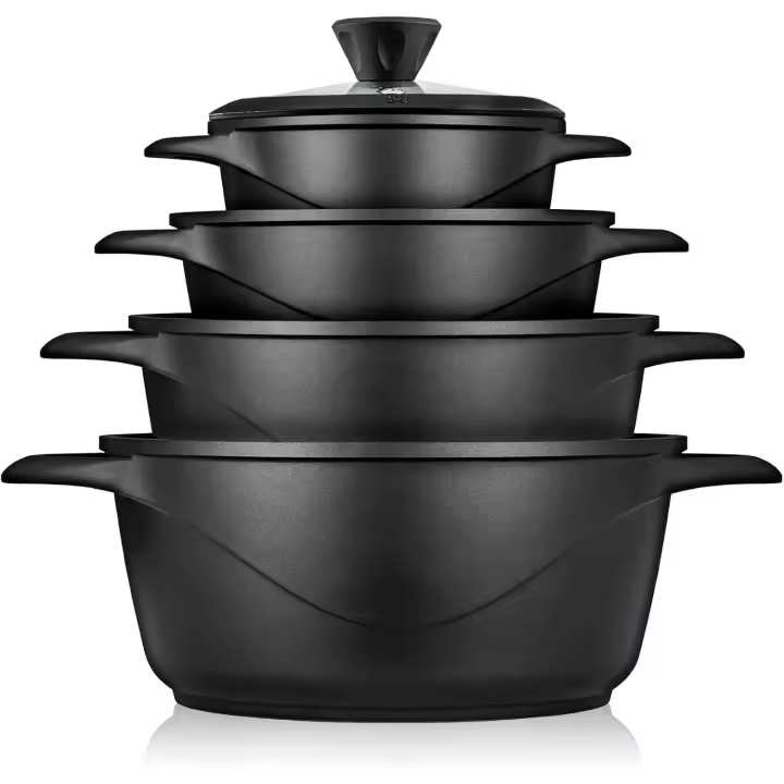 Briebe MGK12S Batería de Cocina Inducción 8 Piezas Aluminio Fundido 4 Ollas con Tapa de Cristal Antiadherente, , Negro - 1