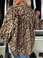 Camisa Casual De Manga Larga Para Mujer Tallas Grandes 1X-5XL Con Bolsillo Y Diseño De Punto De Leopardo Botón Frontal Cuello Simple - details 1