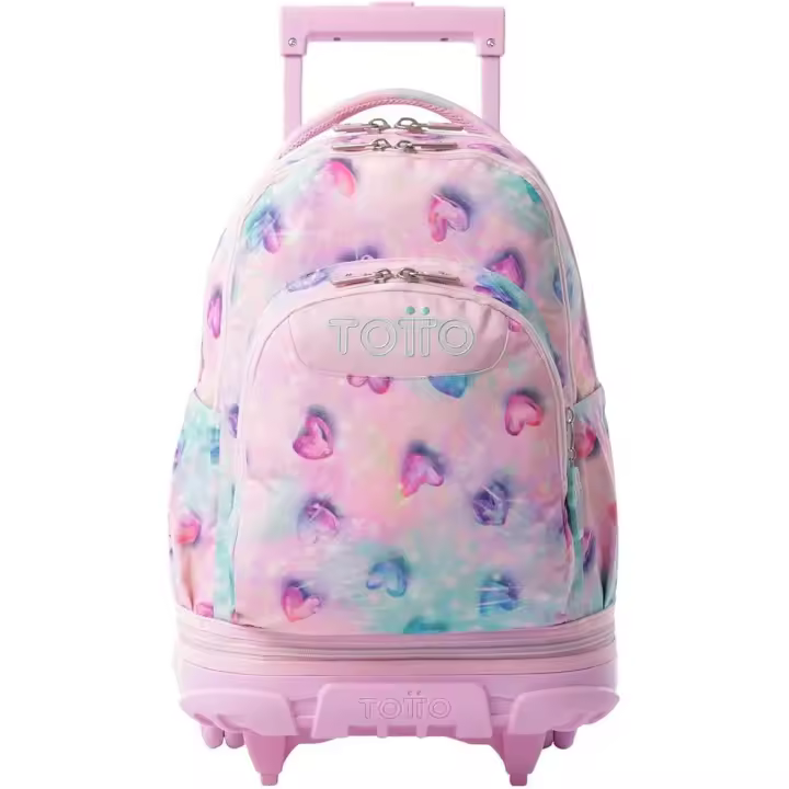 TOTTO Mochila Escolar con Ruedas Desmontables – Modelo Tiza | Estampado Shiny Heart Glitter | 26L | Porta PC 15.4” | Manija Telescópica | Espaldar Ergonómico | Eco RPET - 1
