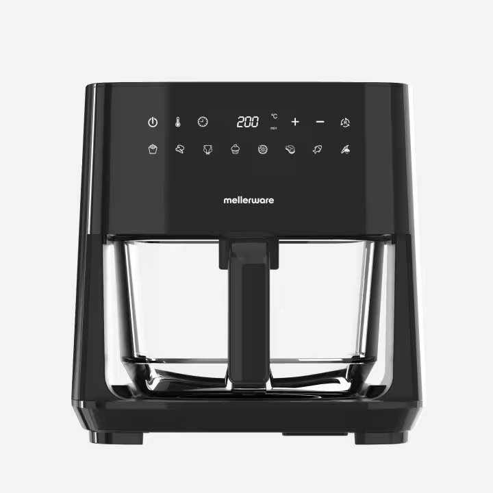 Mellerware - Freidora sin aceite Crunchy Glass 4.5L, Cestillo Cristal sin Teflón, Potencia 1450W | 9 Menús Predefinidos | Capacidad para 2-4 raciones | Temporizador Programable | Pantalla para controlar la temperatura | Air Fryer 80-200º - 1