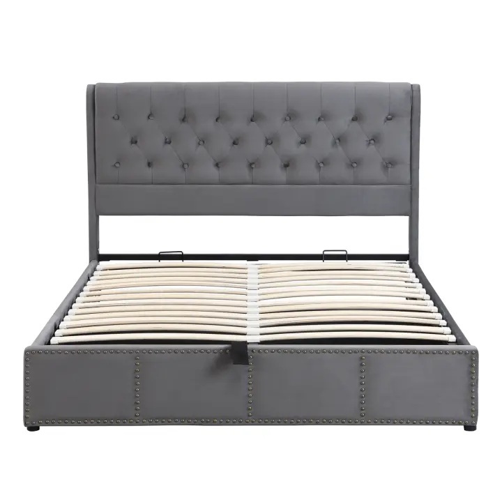 Cama tapizada 160x200 cm con almacenamiento, cama doble con remaches, gris - 1