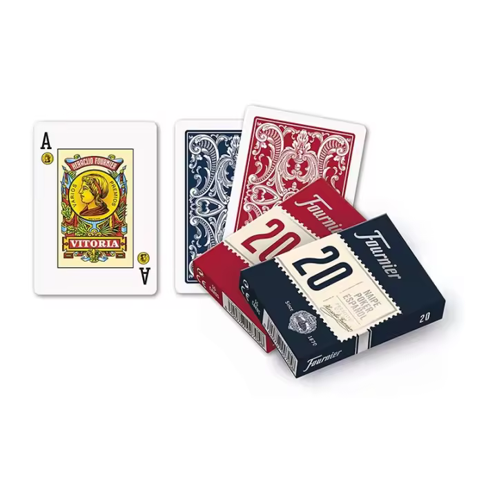 Fournier Pack 2 barajas de poker español Número 20 de 55 cartas cada una Total 110 cartas Para jugar al rabino ramundino remigio 55 cartas con 3 comodines incluidos Calidad casino Reverso rojo o azul - 1