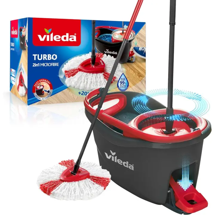 Vileda Turbo Juego de Cubo de fregona para Suelos giratoria con Pedal - Mango telescópico 85-123 cm - Cabezal de Microfibra 2 en 1 - 1