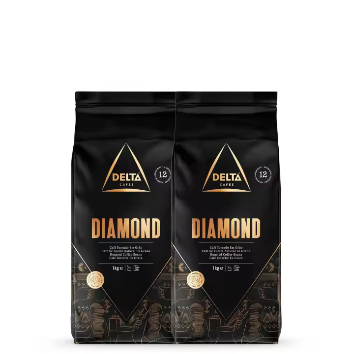 Delta Cafés - Café en Grano Diamond - 2 Paquetes de 1 Kg - Intensidad 12 - Mezcla de Granos de Café Tostados Arábica y Robusta - Altamente Aromático con Notas de Maíz y Cacao. FlavorName: Diamond; - 1