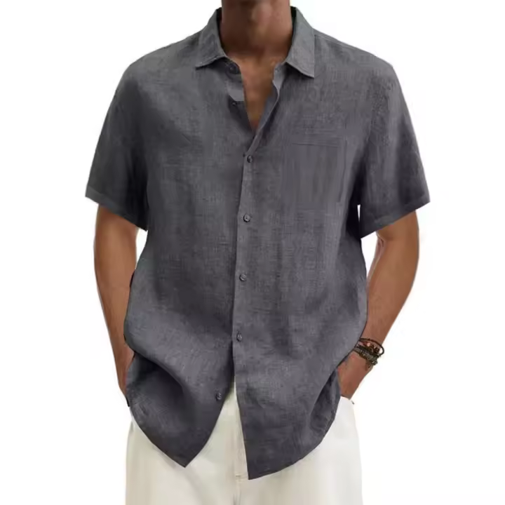 Camisa Casual De Hombre De Algodón Y Lino Para Verano Estilo Playa De Cuello En V Manga Corta Tallas Grandes Colores Sólidos - 1