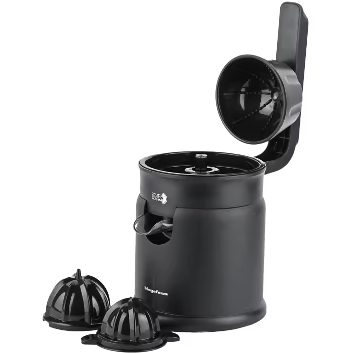 MAGEFESA ZESTER Exprimidor Eléctrico Negro de 120W de 250ml, Base Antideslizante, Palanca de Presión, Doble Juego de Conos - 1