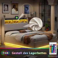 Cama tapizada 140x200 cm 160x200 cm, cama doble con cabecero de almacenaje, LED RGB, puerto de carga, somier de lamas, terciopelo beige - details 2
