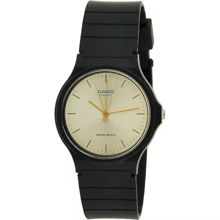 Reloj Casio analógico MQ-24-9E2L correa caucho negro esfera dorada saetas doradas MQ249E2L - 1