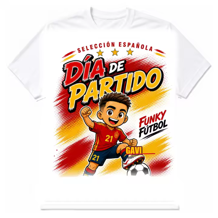 Stock Futbol Camiseta Blanca Selección Española 2026 Muñeco Funky Gavi, Frase Día de partido, Diseño Fútbol Rojo y Amarillo para Afición España - Talla S - 1