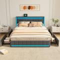 Cama de Matrimonio Tapizada 140x200 / 160x200 / 180x200 cm con LED y USB, Somier de Láminas y 4 Cajones, Gris o Beige - details 1