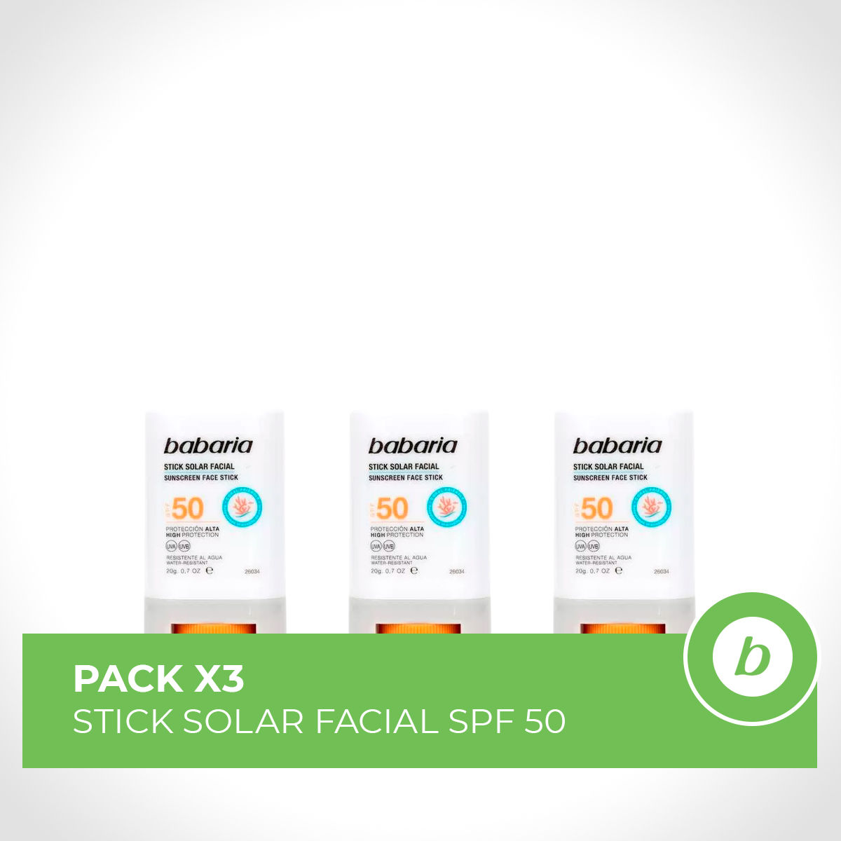 BABARIA Pack 3x Stick Solar Facial SPF50+: Protección alta con aloe y manteca de karité. Resistente al agua y al sudor 20g