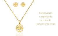 MOANATURA Conjunto Collar y Pendientes con Árbol de la Vida de Acero Inoxidable en color Dorado. Juego Colgante con Cadena y Aretes de Bisutería Fina para Mujer. Conjunto Joyas con Símbolos de Protección. - details 1
