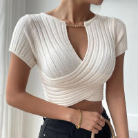 Top Ribbed Para Mujer Con Cadena Crisscross Y Cuello V Corto De Encaje Knitted Ajustado Estilo Y2K Para Primavera Verano - details 0