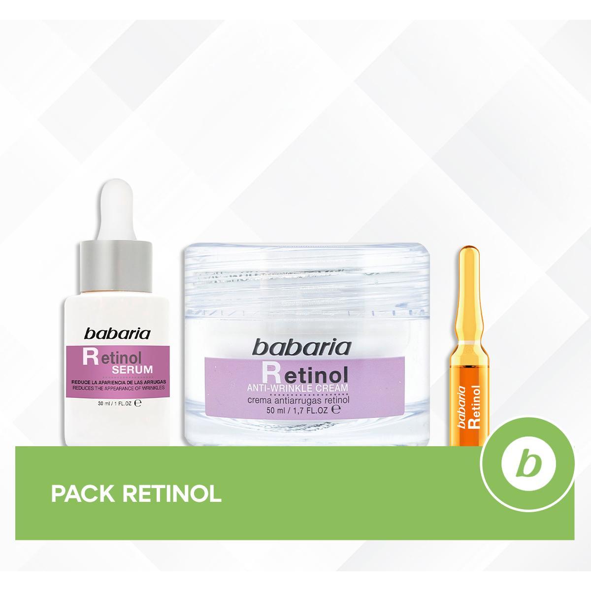 Babaria Pack Retinol: Crema Antiedad 50ml, Sérum Reafirmante 30ml y Ampollas Pro-Collagen para Elasticidad y Renovación Celular (5 unidades x 2ml)