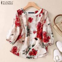 Blusa Bohemia ZANZEA 2024 Floral Impresión Otoño Para Mujer 3/4 Manga Tunic Tops Casual Vintage Vacaciones Playa Trabajo Camisa - details 1