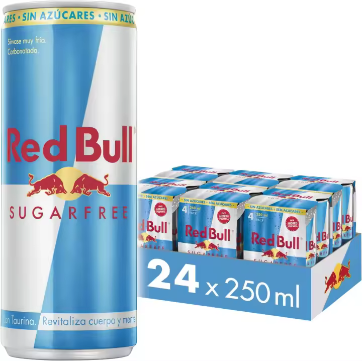 Caja de RedBull Bebida Energética. Elige tu tamaño. 12 / 24 unidades. Con azúcar / Sin azúcar. Revitaliza Cuerpo y Mente. Te da alas cuando las necesitas. Red Bull Energy Drink contiene una combinación única de ingredientes de alta calidad. - 1