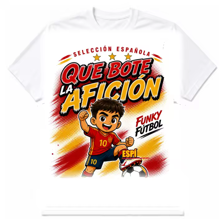 Stock Futbol Camiseta Blanca Selección Española 2026 Muñeco Funky Espí, Frase Que bote la afición, Diseño Fútbol Rojo y Amarillo para Afición España - Talla S - 1