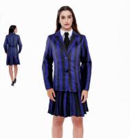 Disfraz de Miércoles Niña Mujer, Uniforme Escolar Azul Gris a Rayas Familia Addams Cosplay para Halloween Carnaval - details 8