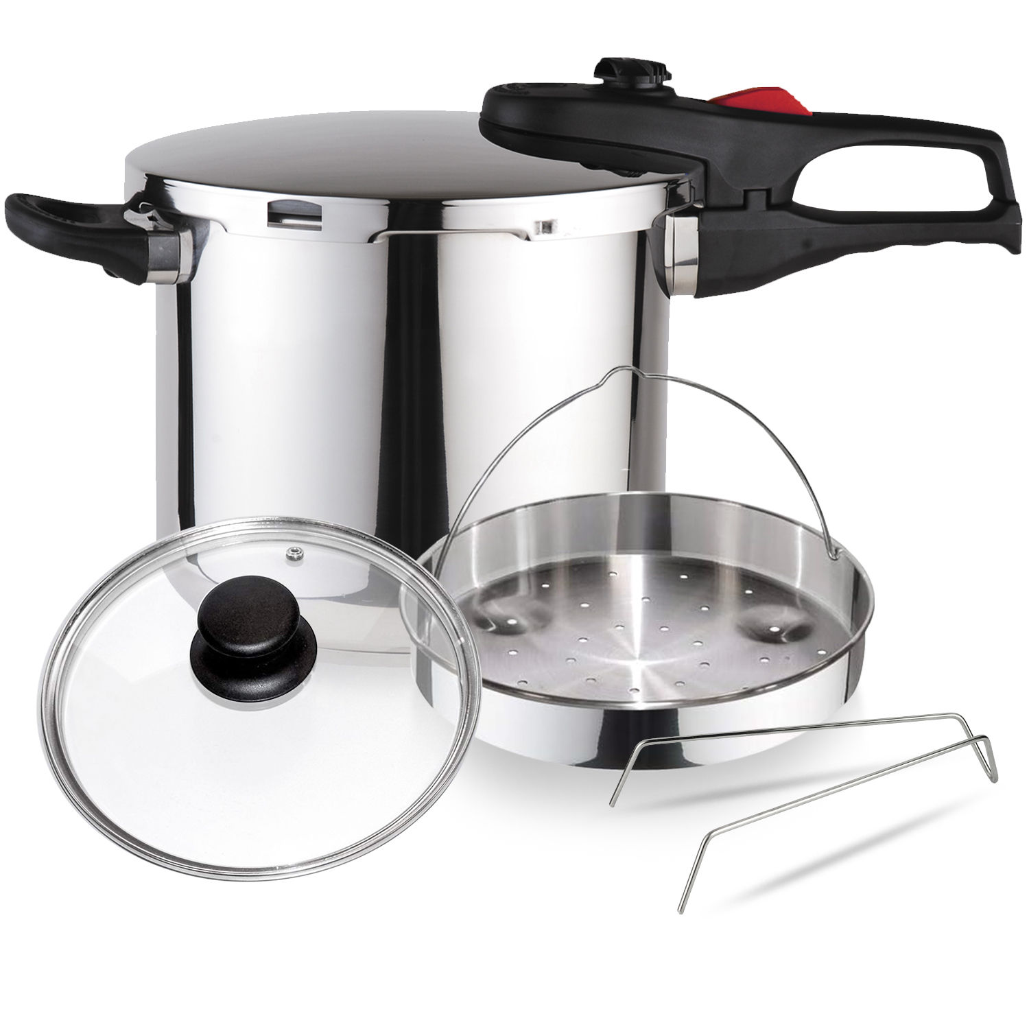 Magefesa Practika Plus - Pack Exclusivo Olla Express Rápida + Cestillo + Tapa de Cristal , Acero Inoxidable 18/10, Sensor de Presión, Inducción
