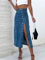 Falda Larga De Color Sólido Con Botones Cintura Alta Y Abertura Para Mujer Estilo Elegante Versátil Para Salida De Citas Y Trabajo Primavera Denim - details 1
