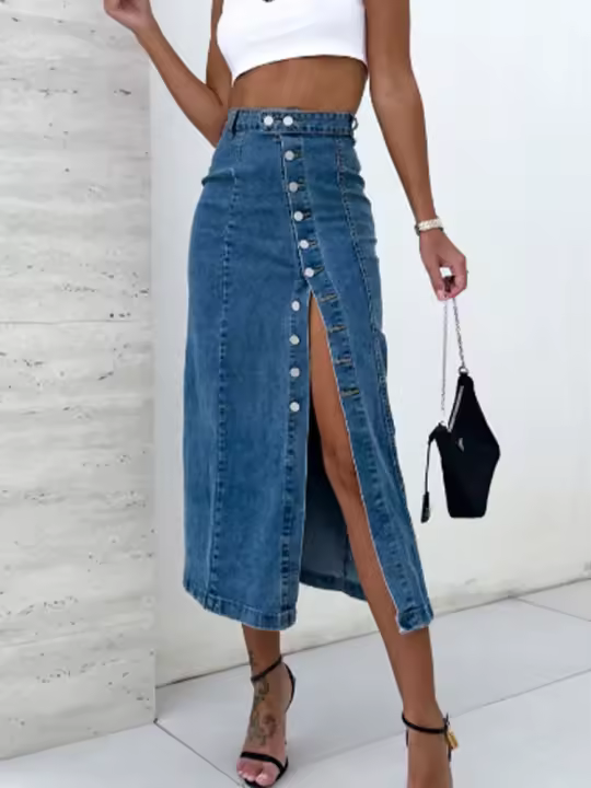 Falda Larga De Color Sólido Con Botones Cintura Alta Y Abertura Para Mujer Estilo Elegante Versátil Para Salida De Citas Y Trabajo Primavera Denim - 1