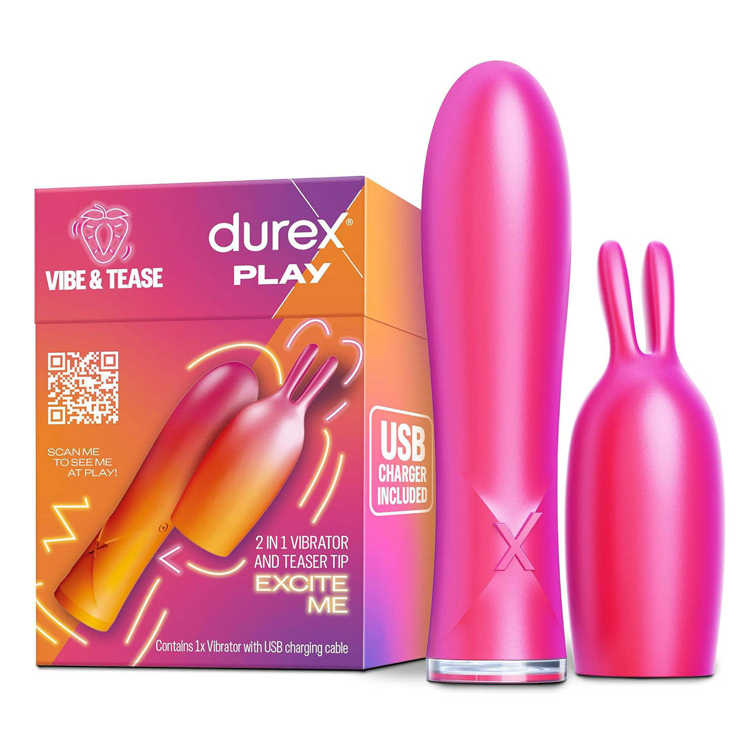 Durex Conejito Vibrador 2 en 1 VIBE & TEASE con punta estimuladora, juguete sexual para mujer, hombre y pareja, 7 modos de vibración y resistente al agua