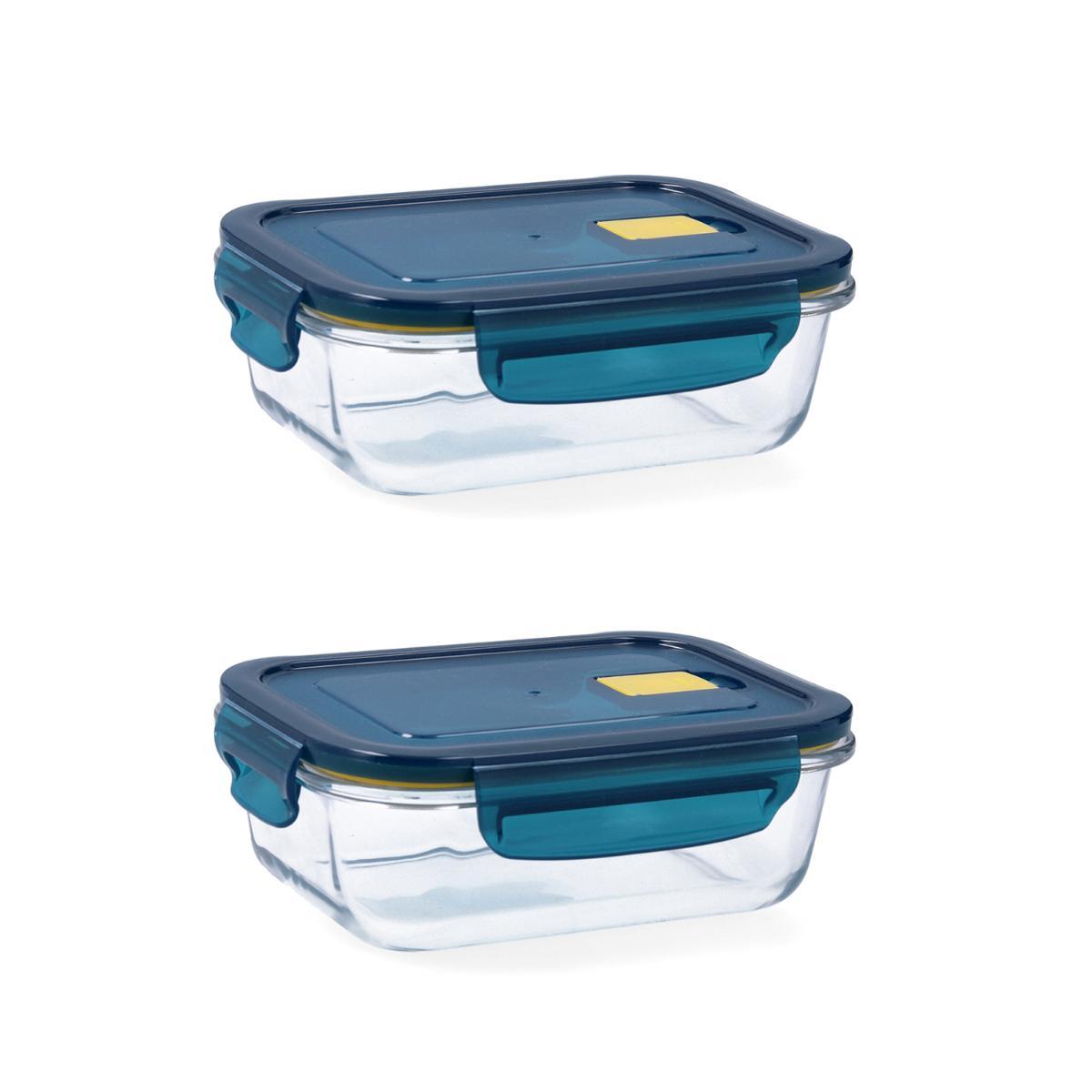 QUID ASTRAL 2 Recipiente Rectangular Hermético Vidri 18x13x6CM - 64CL Azul Tapa 4 cierres herméticos 100% con válvula Reciclable