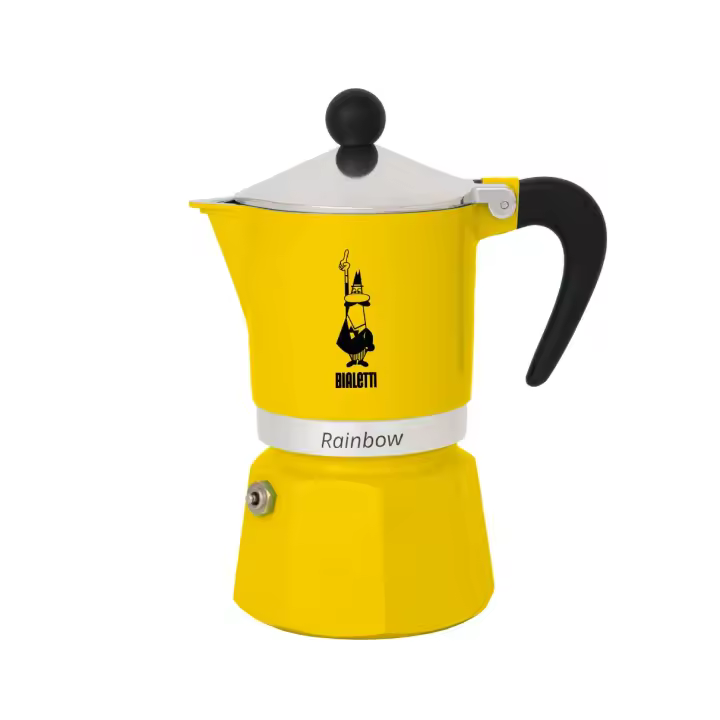 Bialetti Cafetera Clásica Italiana Rainbow - Moka Express, distintos tamaños 1, 3, 6 Tazas de Café - Amarillo, Rojo, Verde y Azul - Cafetera de Aluminio de Alta Calidad - Adecuada para hornillos y placas eléctricas - 1